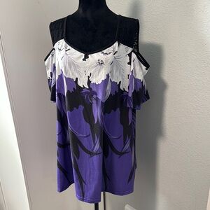 Cold-Shoulder Floral Blouse in Purple and Black with Lace Shoulders